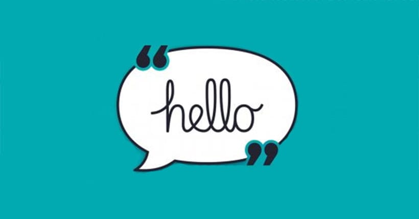 Illustrations of a speech bubble on a blue background with the word 'hello' inside of it