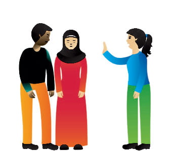 Illustration of one person making two others feel discriminated against.