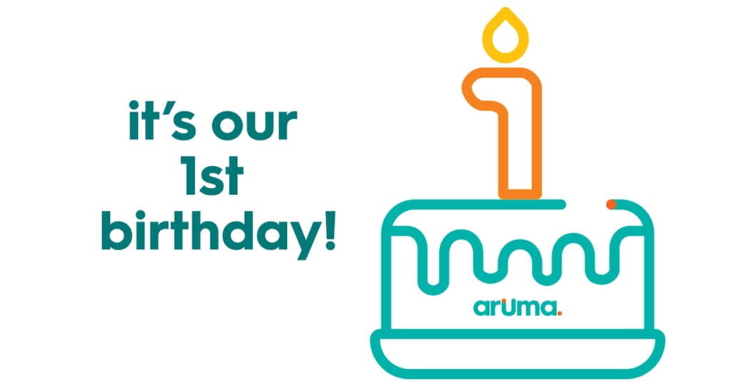Am illustration of a birthday cake with the text 'it's our first birthday'.