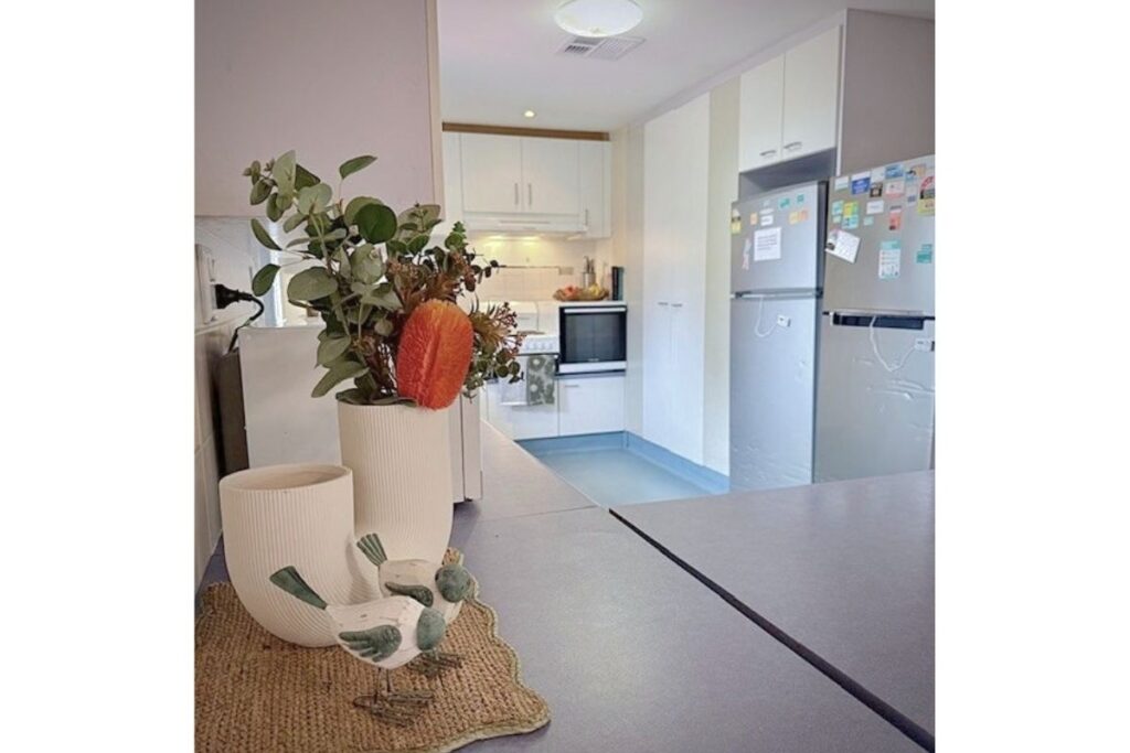 Kitchen and dining area with a pot plant on the benchtop and a fridge in the background