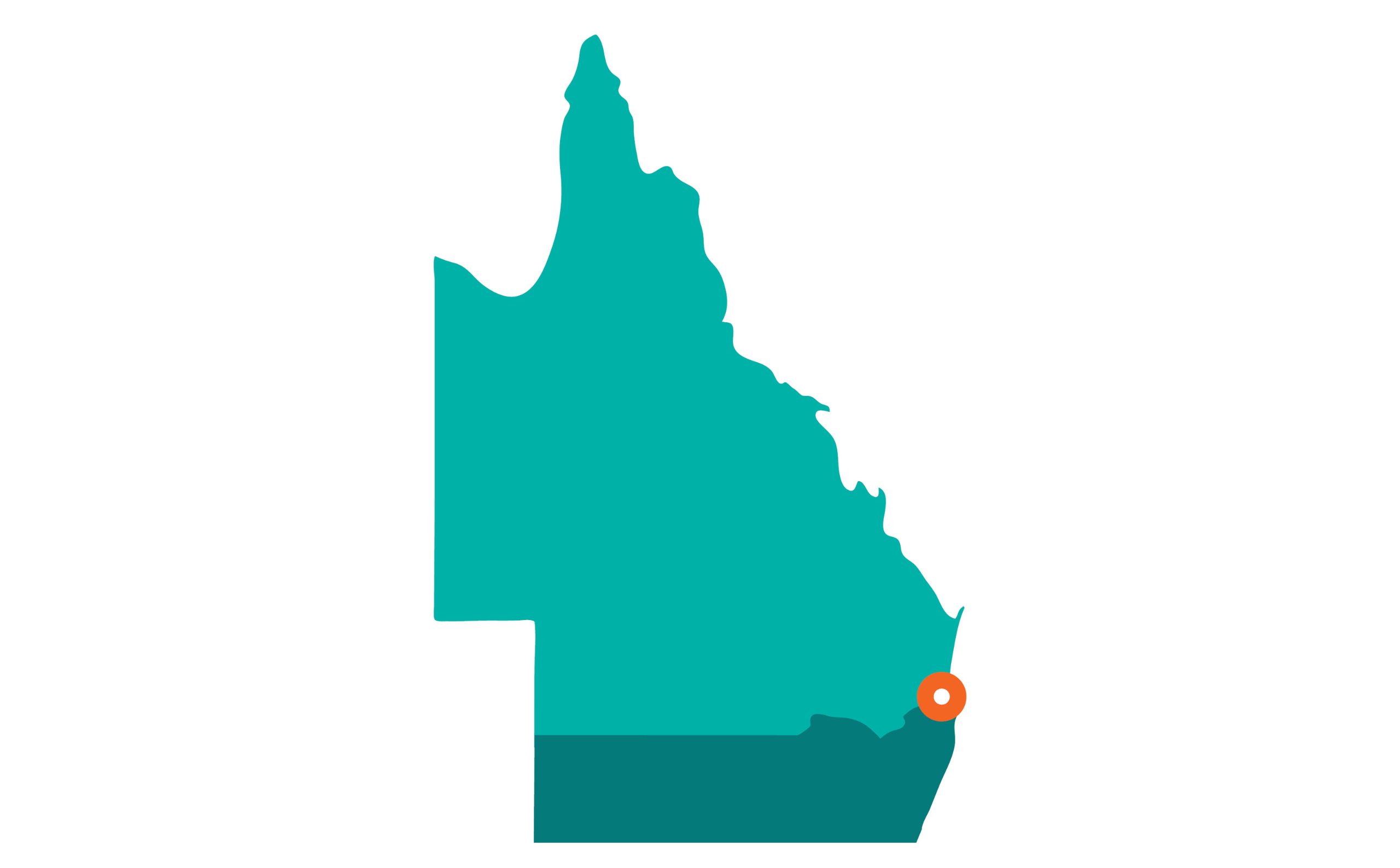 Map showing Queensland in aqua with an orange dot on Burleigh the home of our Forensics packaging business