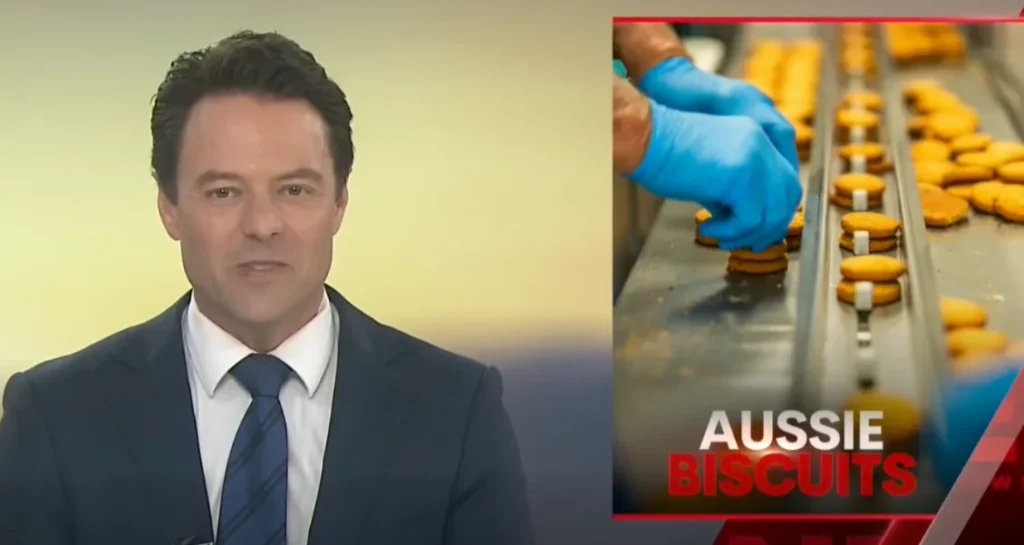 Image of 7 news reporter, presenting news item on Aussie Biscuits
