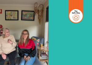 Josephine and Daniella sit on a couch facing a camera. There's a 'The Safe Way' icon on the right hand side of the image.