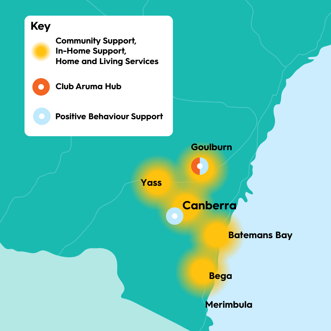 Map of the Australian Capital Territory and surrounding region showing Aruma service locations. Canberra is the main service hub, with positive behaviour support available. Surrounding locations include Goulburn with a Club Aruma day program hub, and Yass, Batemans Bay, Bega, and Merimbula with community support, in-home support, and home and living services. Available services vary by location.