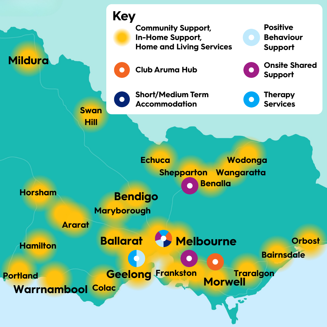 Map of Victoria showing Aruma service locations across the state. Major service hubs are located in Melbourne, Geelong, Ballarat, and Bendigo. Regional locations include Mildura, Swan Hill, Horsham, Hamilton, Portland, Warrnambool, Colac, Ararat, Maryborough, Echuca, Shepparton, Benalla, Wangaratta, Wodonga, Frankston, Morwell, Traralgon, Bairnsdale, and Orbost. Services shown include community support, in-home support, home and living services, Club Aruma day programs, short and medium term accommodation, onsite shared support, positive behaviour support, and therapy services. Available services vary by location.