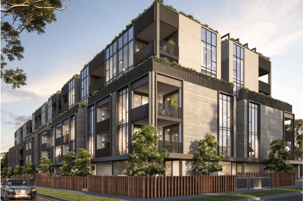 Building exterior Exterior view of Casa Tranquila SDA apartments in Hampton East, a contemporary multi-storey building with dark cladding, large windows, balconies and rooftop greenery.