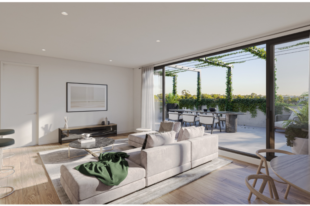 Living room with balcony Open-plan living area at Casa Tranquila with light timber floors, neutral furnishings and floor-to-ceiling sliding doors opening onto a private balcony with outdoor dining.