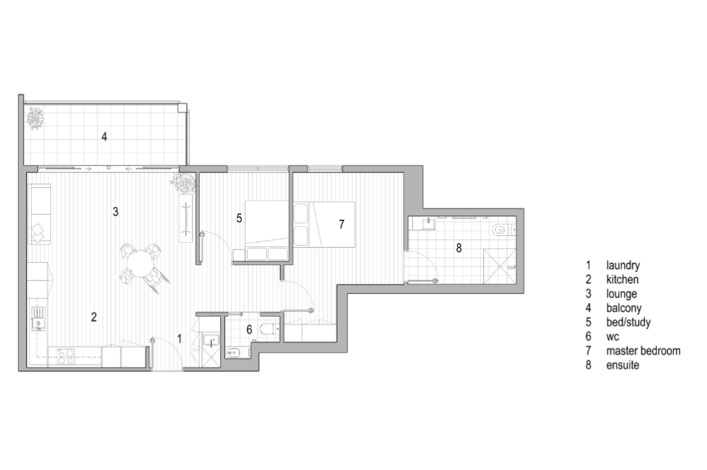 Floorplan, apartment layout one Floorplan of a two-bedroom Casa Tranquila apartment showing kitchen, lounge, master bedroom with ensuite, second bedroom or study, separate WC, laundry and balcony.