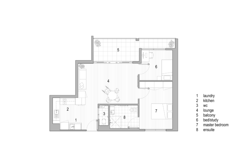 Floorplan, apartment layout two Alternative floorplan of a two-bedroom Casa Tranquila apartment showing open-plan kitchen and lounge, master bedroom with ensuite, second bedroom or study, separate WC, laundry and balcony.
