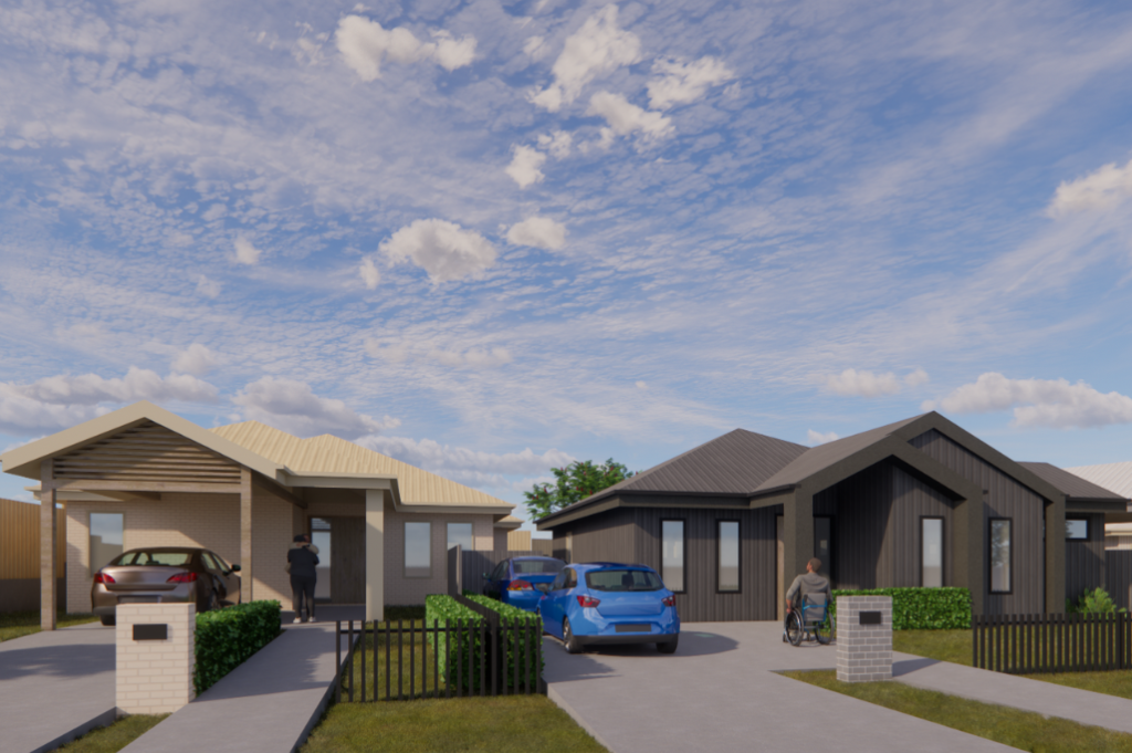 Render of the Lochinvar SDA development showing two new accessible homes side-by-side with carports, fenced front yards and pathways to the front entries.