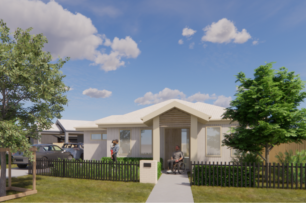 Render of the front of a Lochinvar SDA home, showing a single-storey accessible build with a covered front entry, low-maintenance landscaping and a picket front fence.
