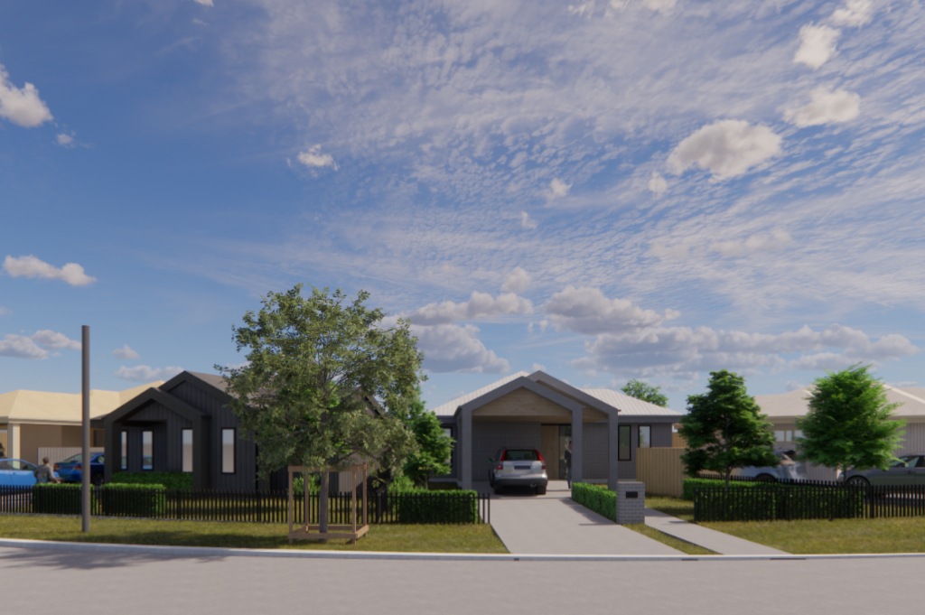 Render of the Lochinvar SDA development from across the street, showing the modern home designs and streetscape within Arrowfield Estate.