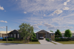 Render of the Lochinvar SDA development from across the street, showing the modern home designs and streetscape within Arrowfield Estate.