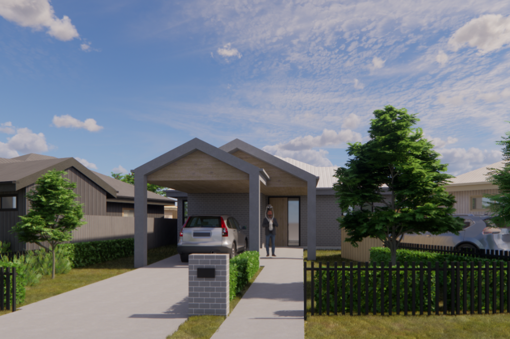 Render of the front of a Lochinvar SDA home, showing the carport, accessible pathway and gabled entry porch.
