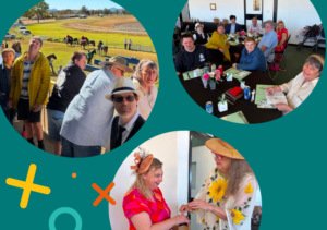 Three photos of Aruma participants enjoying a day out at the horse races