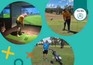A series of three photos of Grant playing golf in an indoor simulation setting and outside on the green.