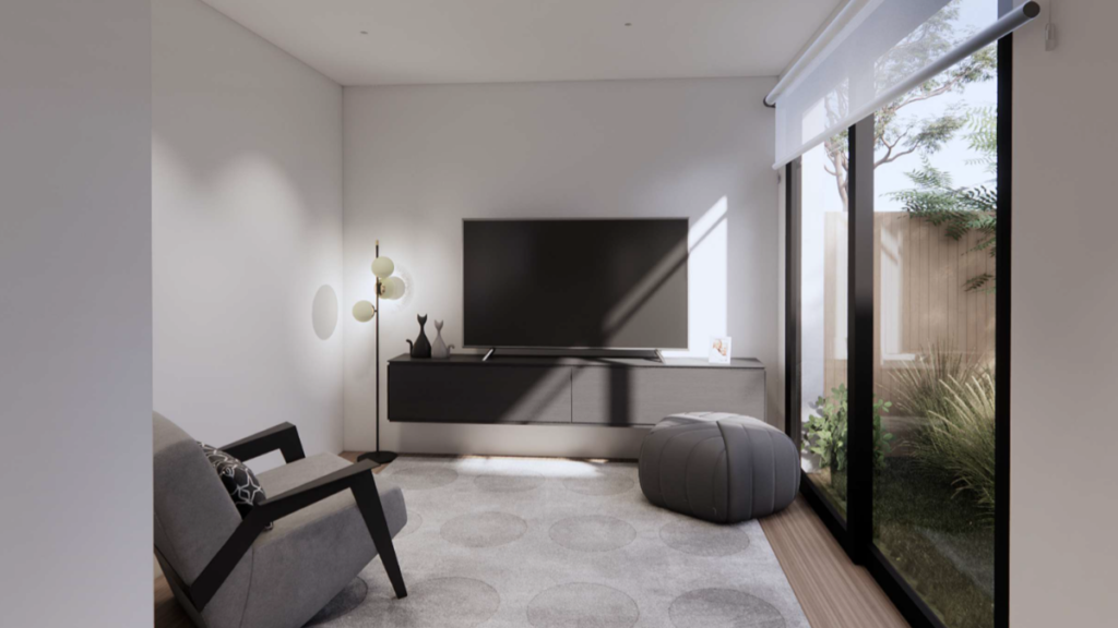 Render of the second lounge room inside a Ringwood East SDA home, showing an armchair, TV unit, floor-to-ceiling glass sliding door looking out to a landscaped courtyard.