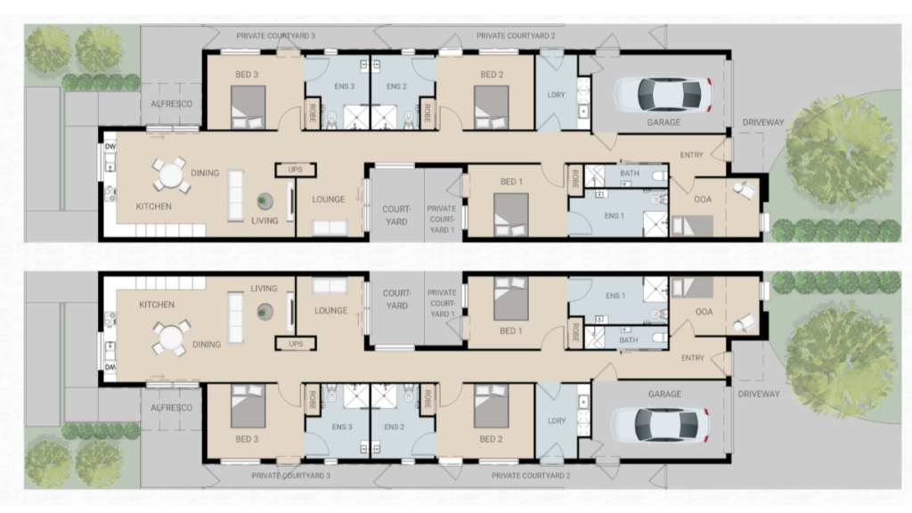 Floor plans of both Ringwood East SDA homes, showing three bedrooms each with ensuite, robe and private courtyard, living and lounge areas, kitchen with dining, OOA room, laundry, central courtyard, alfresco area, garage and driveway.