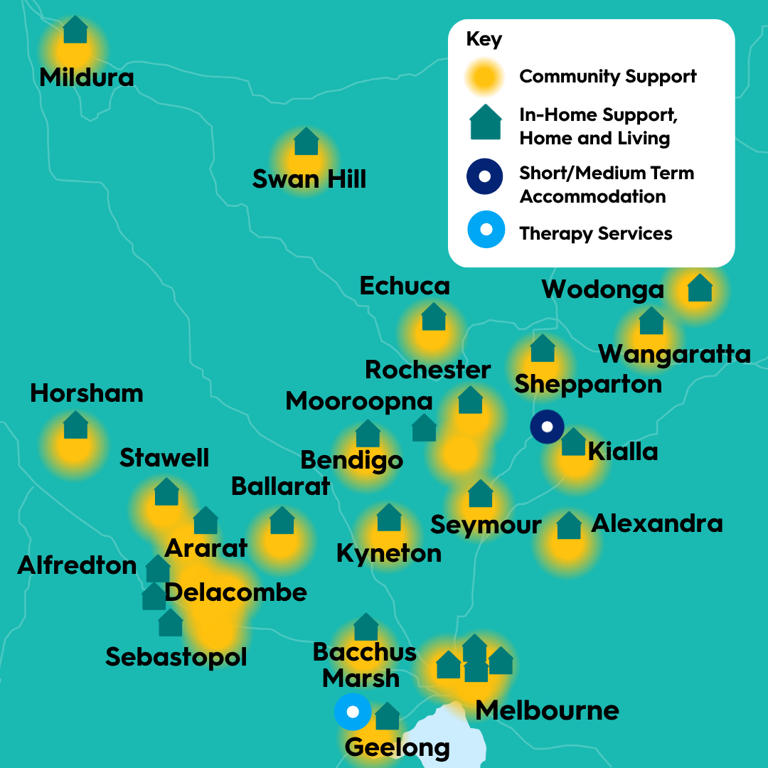 Map of Aruma services across North West and central Victoria, showing community support, in-home support and home and living, short and medium term accommodation, and therapy services in towns including Mildura, Ballarat, Sebastopol, Bendigo, Shepparton and Geelong.