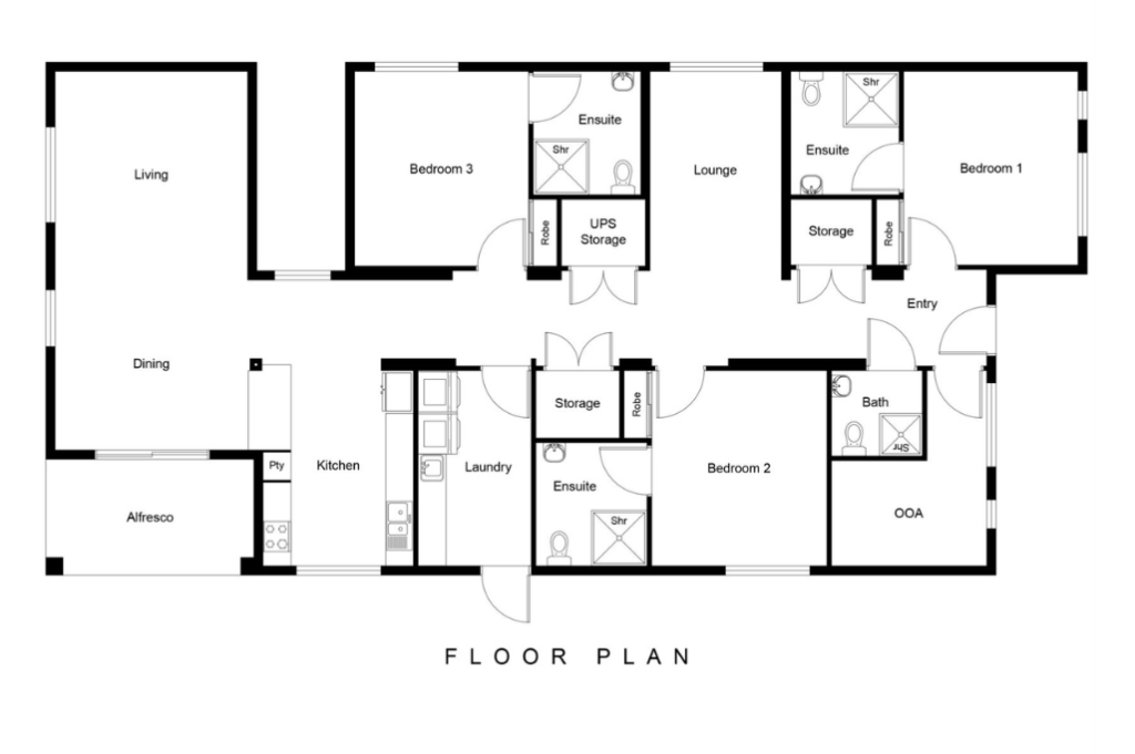 Floor plan of one of the Long Gully SDA homes, showing three bedrooms each with ensuite and robe, living and lounge areas, kitchen with dining and pantry, alfresco area, laundry, OOA room with bathroom, UPS storage and dedicated storage rooms.