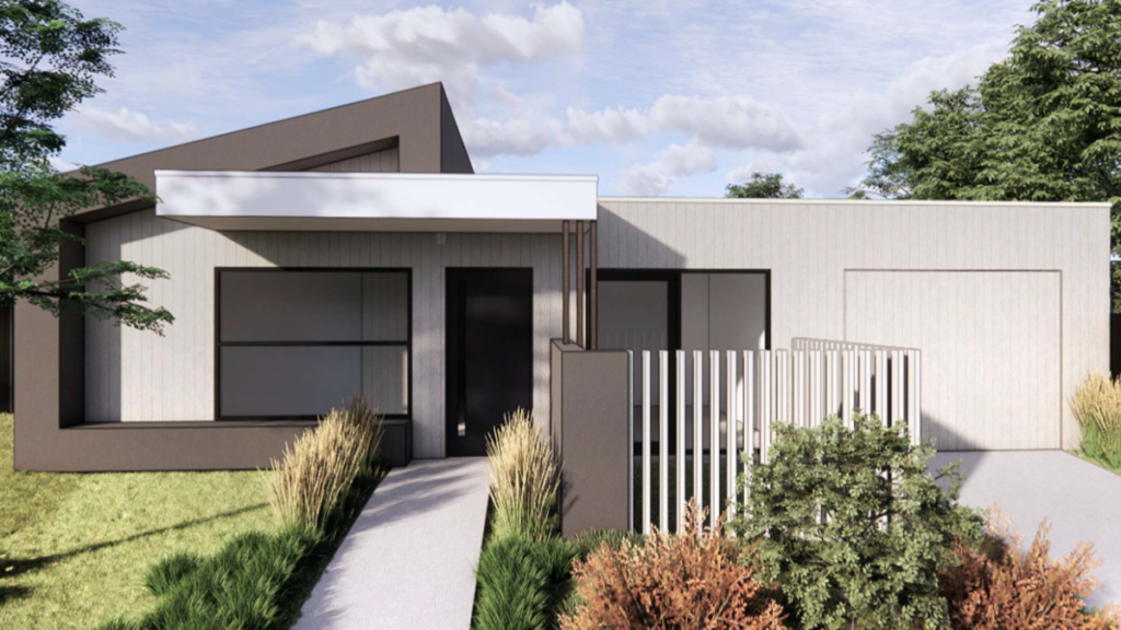 Front exterior of one of the Croydon SDA homes, featuring a modern grey and white cladded facade, landscaped front garden with native plantings and a paved entry path.
