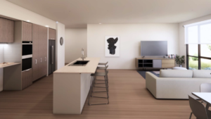 Render of the open-plan kitchen and living area inside a Croydon SDA home, showing a kitchen island with bar stools, timber cabinetry, built-in appliances and a lounge area with a large window.
