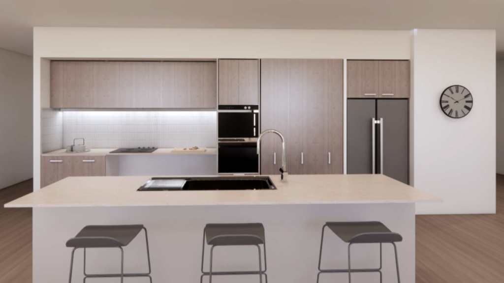 Close-up render of the kitchen inside a Croydon SDA home, showing timber cabinetry, stone benchtop with island, built-in oven, cooktop and stainless steel fridge.