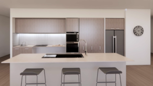 Close-up render of the kitchen inside a Croydon SDA home, showing timber cabinetry, stone benchtop with island, built-in oven, cooktop and stainless steel fridge.