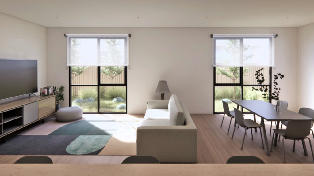 Render of the living and dining area inside a Croydon SDA home, showing a lounge with TV unit, dining table and chairs, and large windows looking out to a landscaped courtyard.