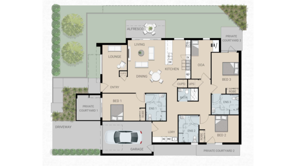 Floor plan of one of the Croydon SDA homes, showing three bedrooms each with ensuite and private courtyard, living and lounge areas, kitchen with dining, OOA room, laundry, garage and alfresco area.