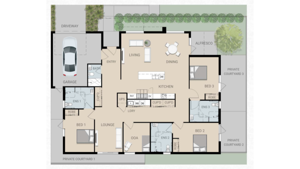 Floor plan of the second Croydon SDA home, showing three bedrooms each with ensuite and private courtyard, living and lounge areas, kitchen with dining, OOA room, laundry, garage and alfresco area.