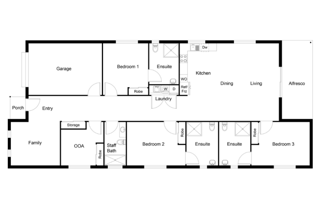 Floor plan of the Mildura SDA home, showing three bedrooms each with ensuite and robe, open-plan kitchen, dining and living area with alfresco access, separate family room, OOA room with staff bathroom and storage, laundry, garage and front porch entry.