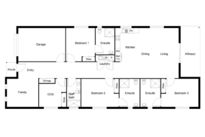 Floor plan of the Mildura SDA home, showing three bedrooms each with ensuite and robe, open-plan kitchen, dining and living area with alfresco access, separate family room, OOA room with staff bathroom and storage, laundry, garage and front porch entry.