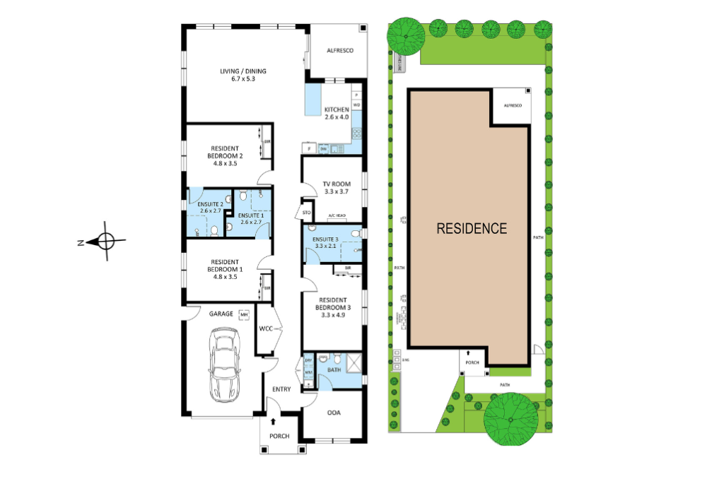 Floor plan and site plan of the Sunbury SDA home, showing three resident bedrooms each with ensuite, living and dining area, kitchen, TV room, OOA room, bathroom, garage, alfresco area and landscaped backyard with pathways.