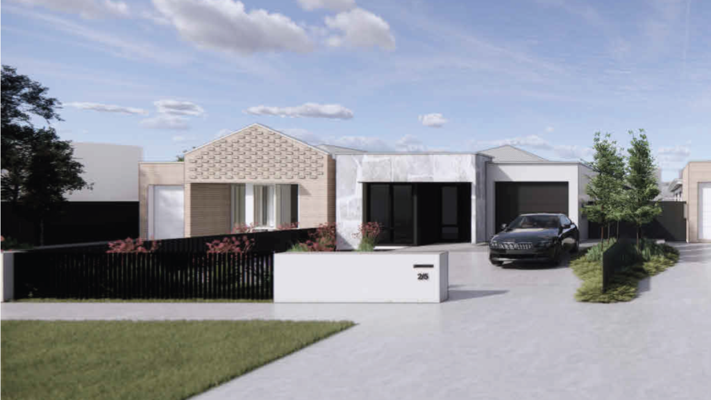 Close-up street view of one of the Thomastown SDA homes, featuring a decorative brick gable, large front windows, rendered garage and landscaped garden bed with native plantings.