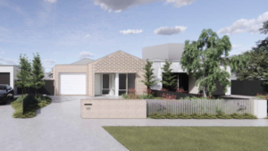 street view of a Thomastown SDA home showing the brick facade with decorative gable detail, integrated garage, front fence with letterbox, mature trees and landscaped gardens throughout the development.