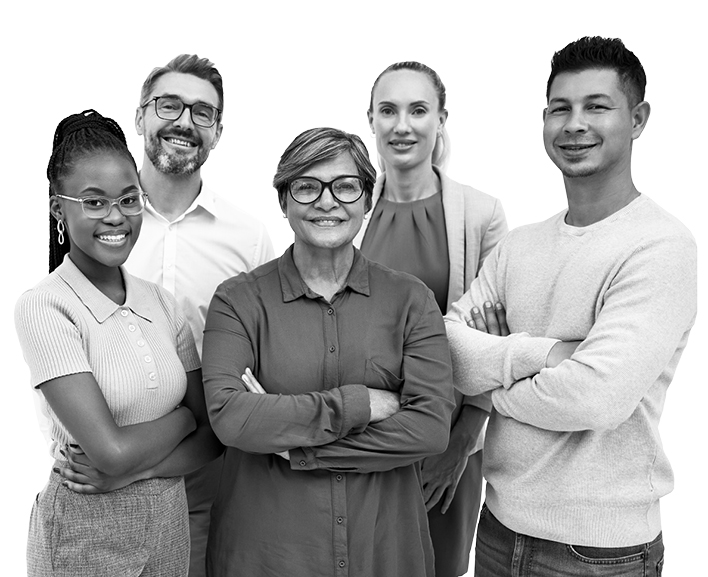 Five people of different ages and cultural backgrounds standing together and smiling.