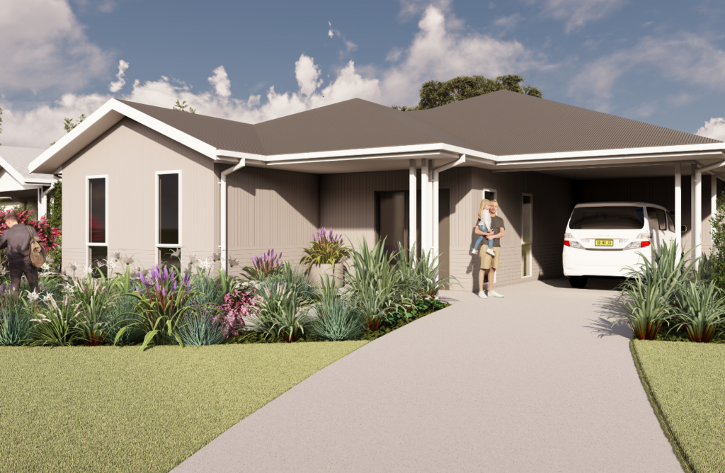 Render of one of the Gateshead SDA homes, showing a single-storey accessible build with gabled rooflines, a covered carport, accessible front entry and landscaped front garden.