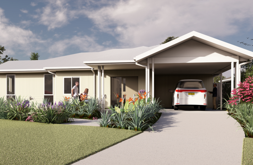Render of the second Gateshead SDA home, showing a single-storey weatherboard-style build with a gabled carport, accessible front entry and landscaped front garden.