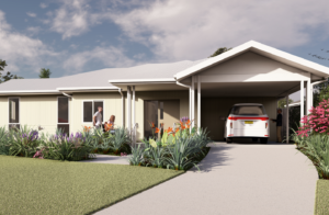 Render of the second Gateshead SDA home, showing a single-storey weatherboard-style build with a gabled carport, accessible front entry and landscaped front garden.