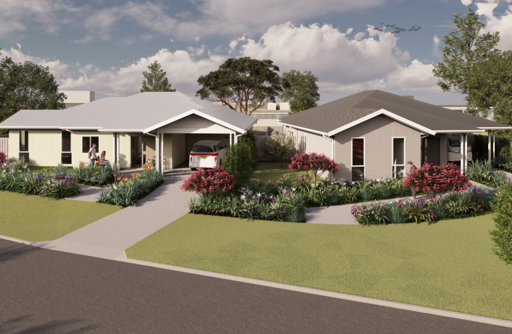 Render of the Gateshead SDA development showing both new accessible homes side-by-side, with shared landscaping, covered carports and accessible pathways to each front entry.