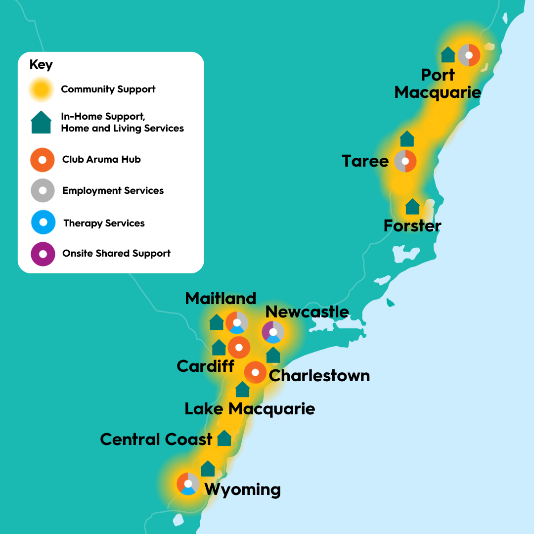 Map of Aruma services across the Hunter and Central Coast regions of New South Wales, showing community support, in-home support and home and living, Club Aruma Hub, employment services, therapy services, and onsite shared support in locations including Port Macquarie, Taree, Forster, Maitland, Newcastle, Cardiff, Charlestown, Lake Macquarie, Central Coast and Wyoming.