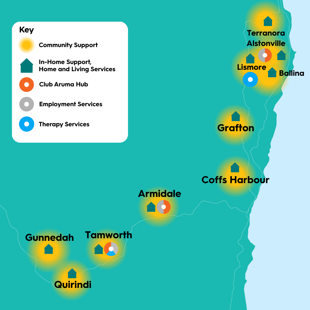 Map of Aruma services across northern New South Wales, showing community support, in-home support and home and living, Club Aruma Hub, employment services, and therapy services in locations including Terranora, Alstonville, Ballina, Lismore, Grafton, Coffs Harbour, Armidale, Tamworth, Gunnedah and Quirindi.