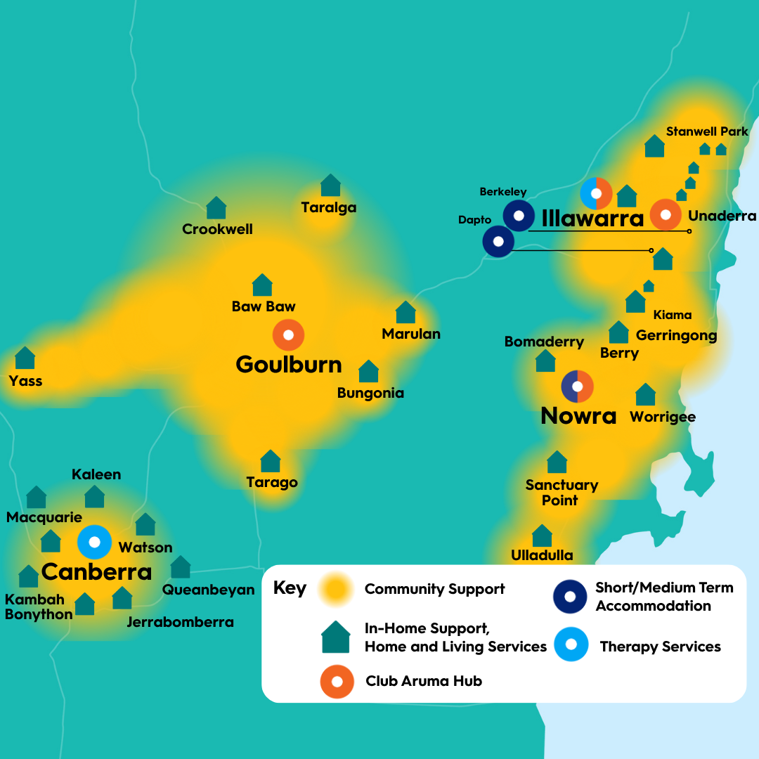 Map of Aruma services across the Illawarra, South Coast, Southern Tablelands and ACT, showing community support, in-home support and home and living, Club Aruma Hub, short/medium term accommodation, and therapy services in locations including Goulburn, Illawarra, Nowra, Canberra, Queanbeyan, Yass, Crookwell, Kiama, Gerringong, Berry, Bomaderry, Ulladulla and Sanctuary Point.