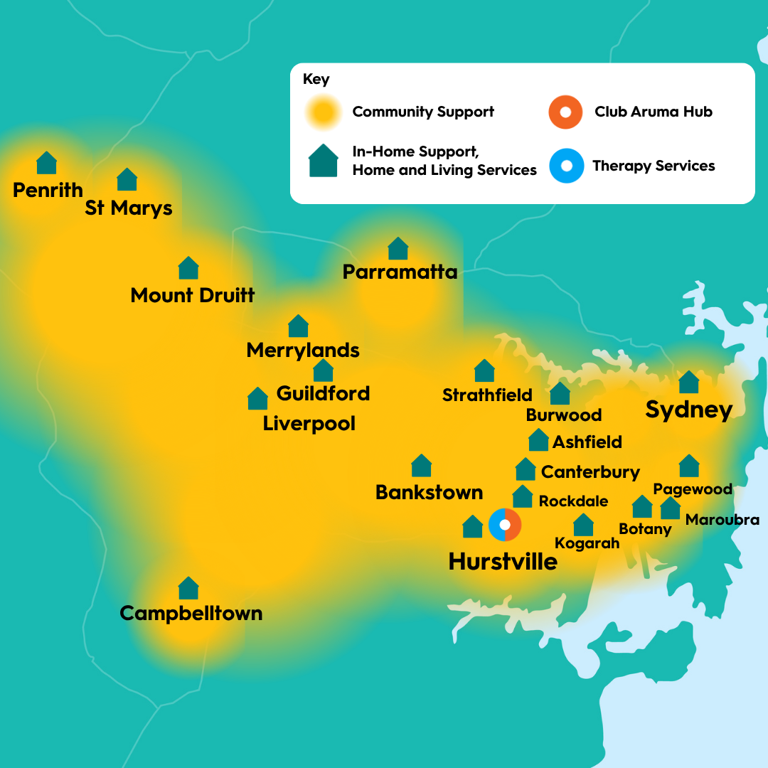 Map of Aruma services across Sydney, showing community support, in-home support and home and living, Club Aruma Hub, and therapy services in suburbs including Penrith, St Marys, Mount Druitt, Parramatta, Merrylands, Guildford, Liverpool, Campbelltown, Bankstown, Strathfield, Burwood, Ashfield, Canterbury, Rockdale, Hurstville, Kogarah, Botany, Pagewood, Maroubra and Sydney.
