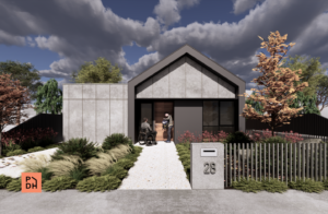 Render of the second Reservoir SDA home with a modern gabled design, concrete cladding and timber feature panels, showing the front entry, paved pathway and landscaped front yard.