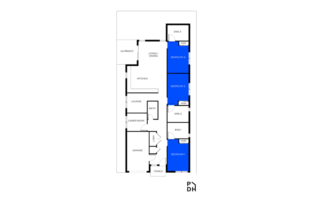 Floor plan of the second Reservoir SDA home, showing three participant bedrooms with private ensuites, a Carer Room, open-plan kitchen and living/dining, garage, alfresco area and courtyard.