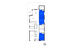 Floor plan of the second Reservoir SDA home, showing three participant bedrooms with private ensuites, a Carer Room, open-plan kitchen and living/dining, garage, alfresco area and courtyard.