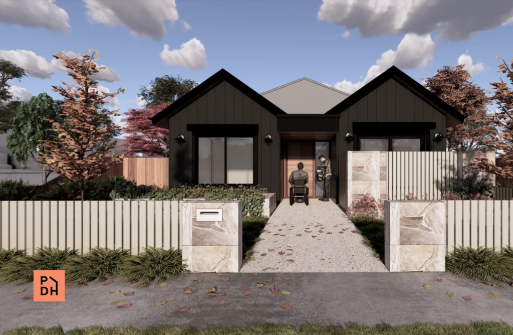 Render of the first Reservoir SDA home with dark vertical cladding and gabled rooflines, showing the front entry with a covered porch, decorative front fence and accessible pathway to the door.