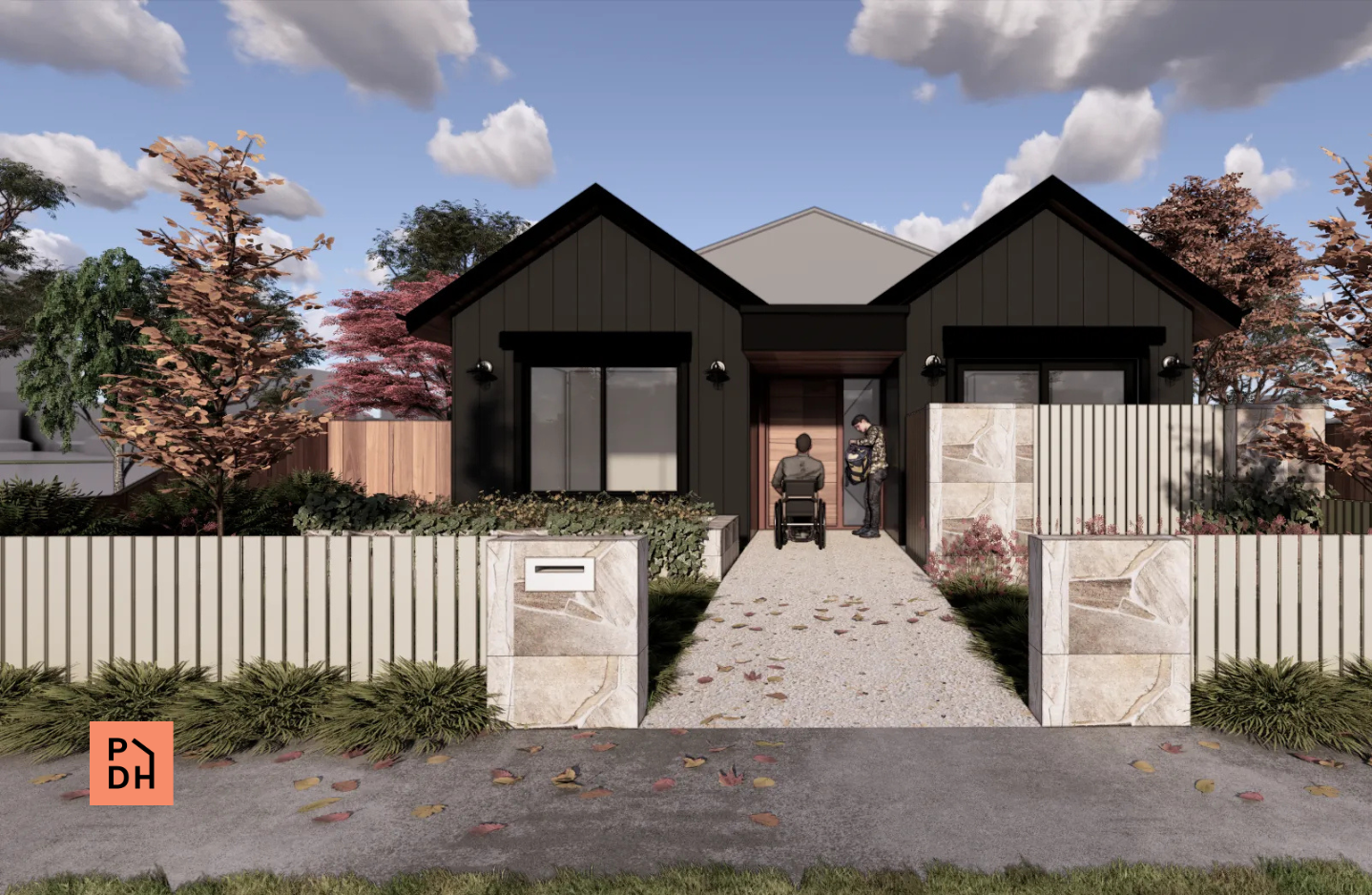 Render of the first Reservoir SDA home with dark vertical cladding and gabled rooflines, showing the front entry with a covered porch, decorative front fence and accessible pathway to the door.